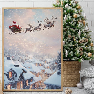Santa’s Sleigh and Flying Reindeer Poster