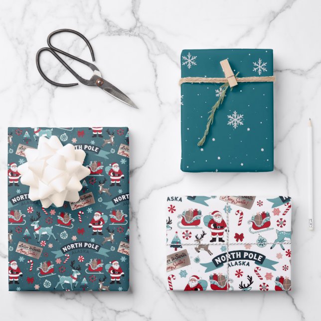 Santa’s Sleigh Ride North Pole Pattern Wrapping Paper Sheets (Front)