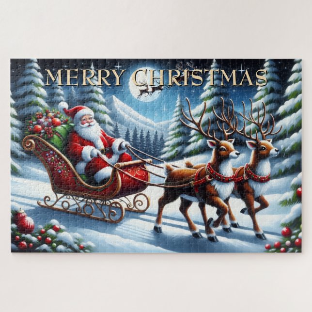 Santa’s Sleigh Through Snowy Forest at Christmas Jigsaw Puzzle (Horizontal)