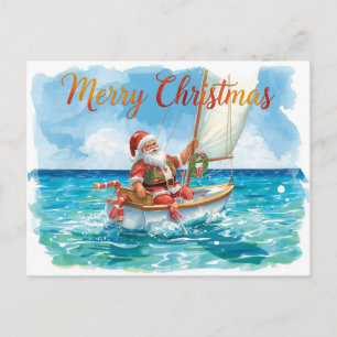 Santa Sailing – Tropical Watercolor Christmas Holiday Postcard