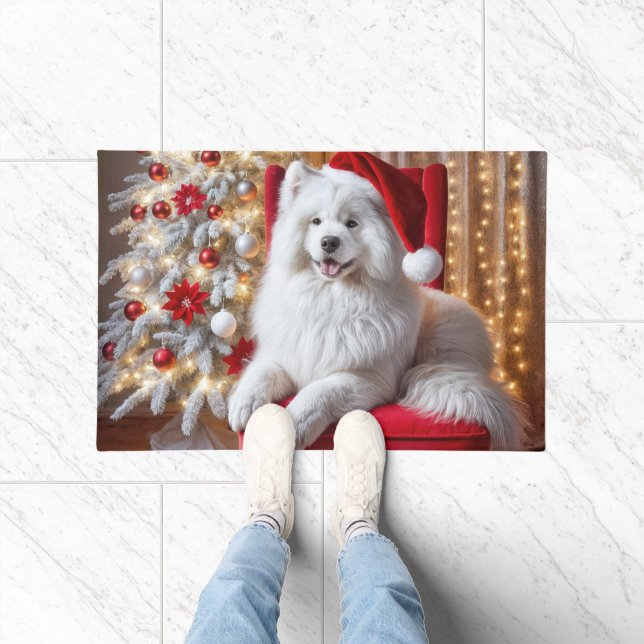 Santa Samoyed Dog On a Red Chair Doormat (Indoor)