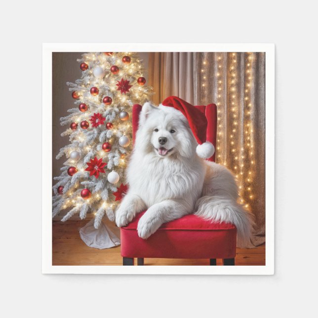 Santa Samoyed Dog On a Red Chair Napkins (Front)