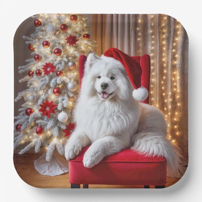 Santa Samoyed Dog On a Red Chair Paper Plates (Front)