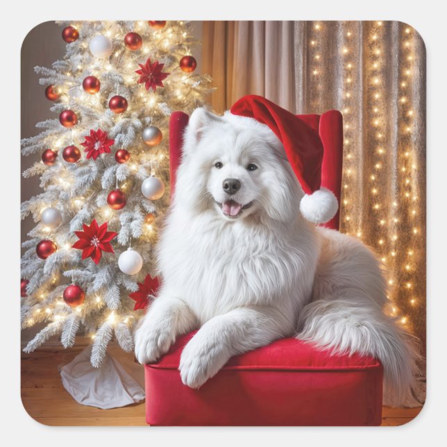 Santa Samoyed Dog On a Red Chair Square Sticker (Front)
