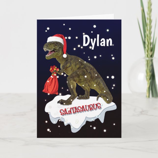 Santa-saurus Dinosaur Personalize Christmas Card (Front)