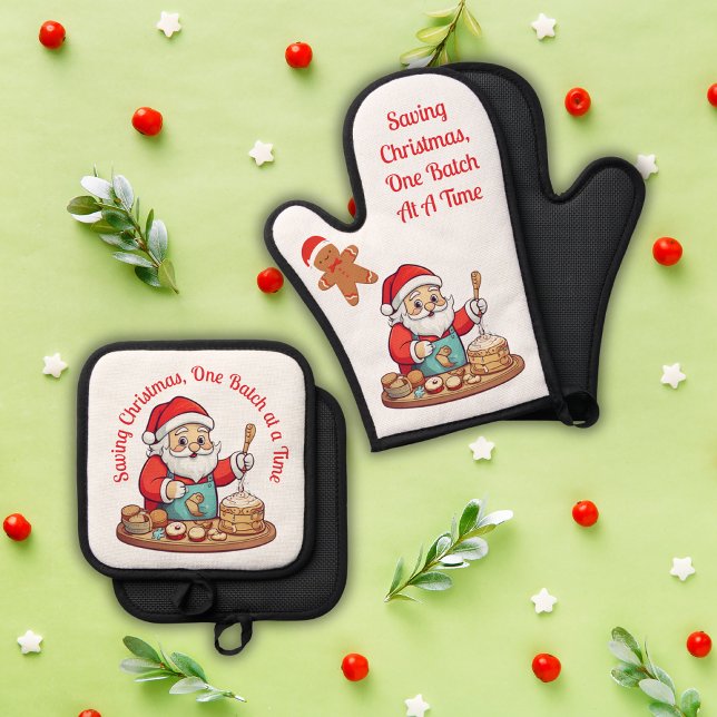 Santa Saving Christmas | Oven Mitt & Pot Holder Set (Creator Uploaded)