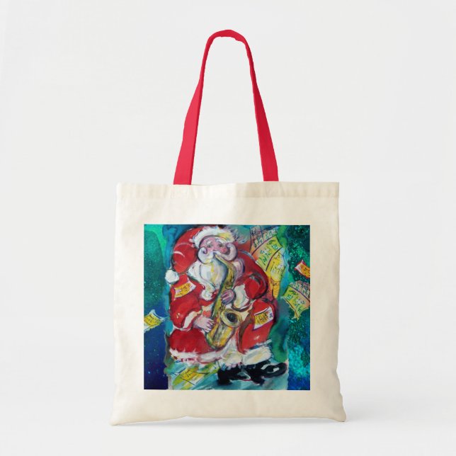 SANTA & SAX, CHRISTMAS PARTY Blue Tote Bag (Front)