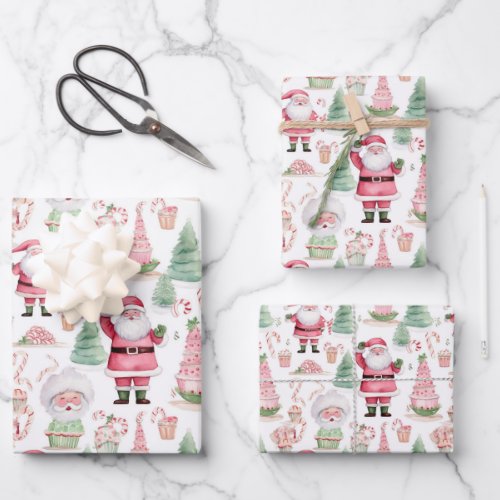 Santa Scene Pink Coordinating Christmas Wrapping Paper Sheets