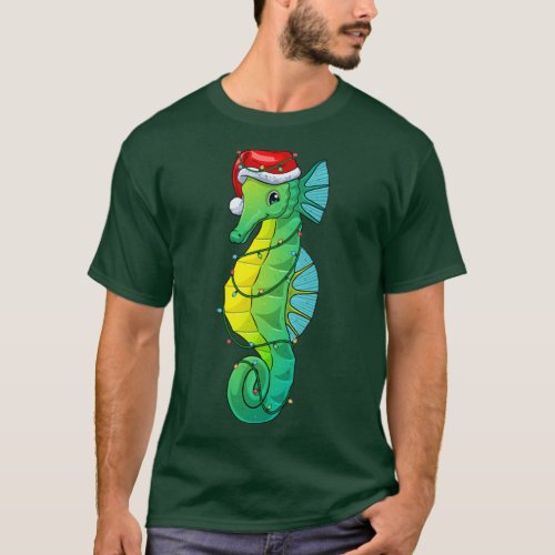 Santa Seahorse Christmas Fish Santa Claus Hat Xmas T_Shirt