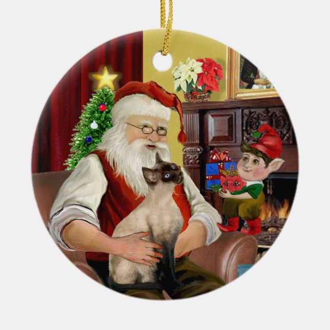 Santa - Seal Point Siamese cat Ceramic Ornament (Front)