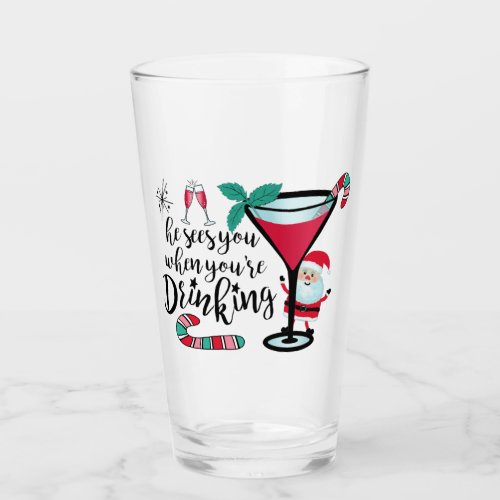 Santa Sees You Drinking Funny Christmas Glass