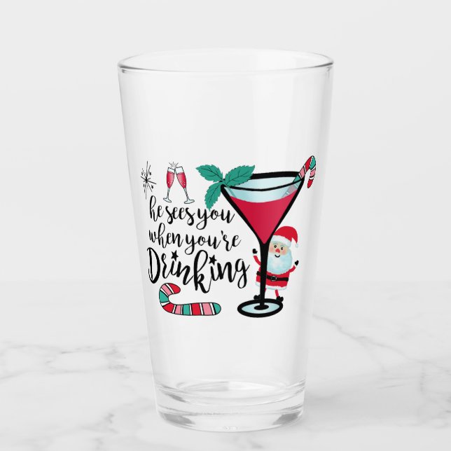 Santa Sees You Drinking Funny Christmas Glass (Front)
