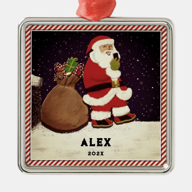 Santa Selfie Metal Ornament (Front)