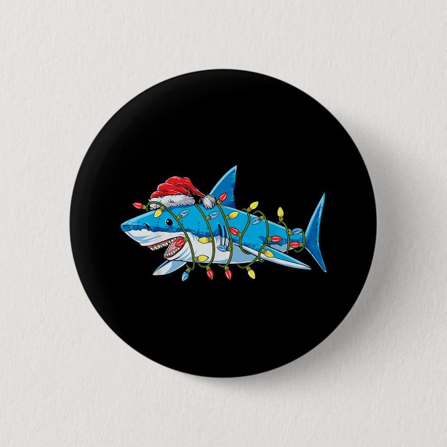 Santa Shark Christmas Lights Sharkmas Tree Xmas Bo Button (Front)
