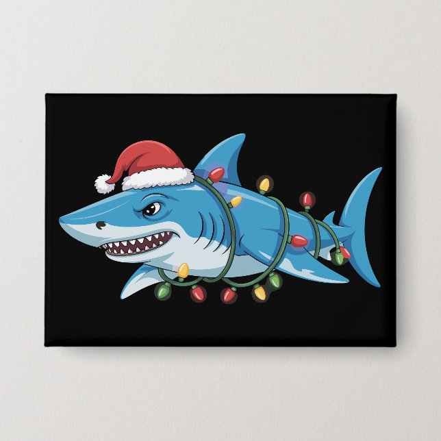 Santa Shark Christmas Lights Sharkmas Tree Xmas Button (Front)