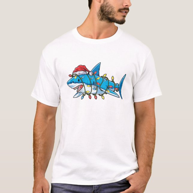 Santa Shark Christmas Lights T shirt Men Sharkmas (Front)