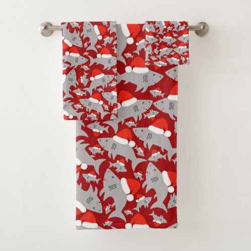 Santa Shark Christmas Red Background Bath Towel Set