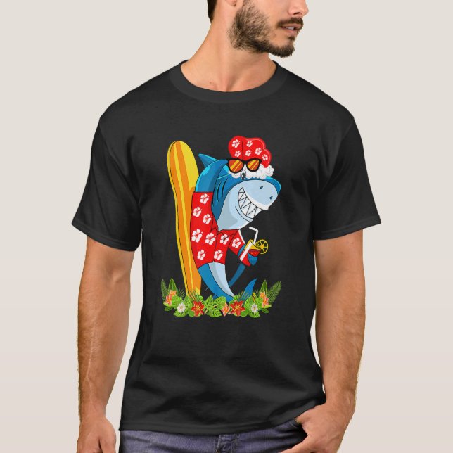 Santa Shark Hawaiian Summer Surfing Shark Christma T-Shirt (Front)