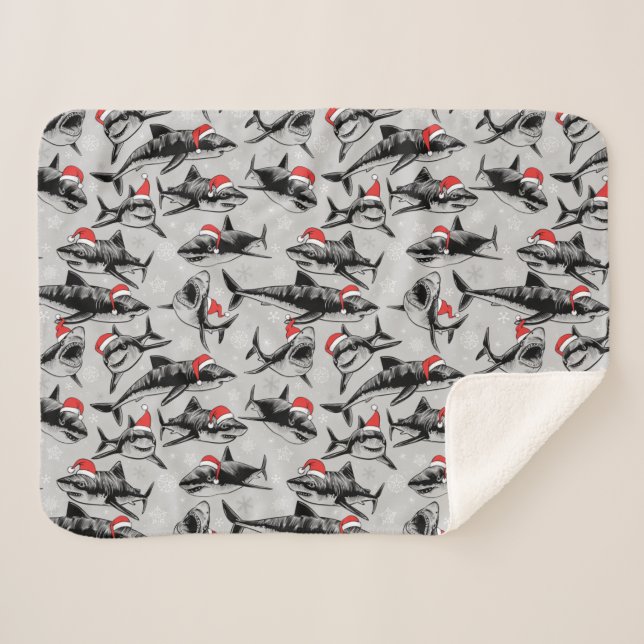 Santa Shark Pattern Sherpa Blanket (Front (Horizontal))