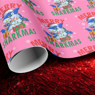Santa Shark Pink Gift Wrap   Merry Sharkmas Wrap