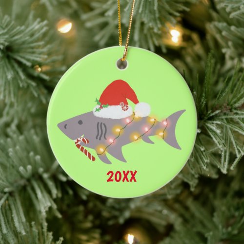 Santa Shark With Candy Cane and Christmas Lights Ceramic Ornament