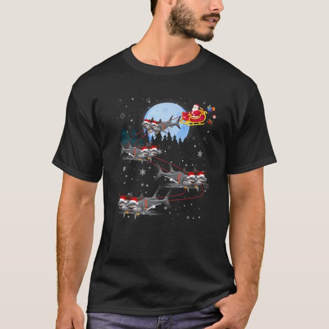 Santa Shark Xmas Reindeer Sleigh Santa Snow Christ T-Shirt (Front)