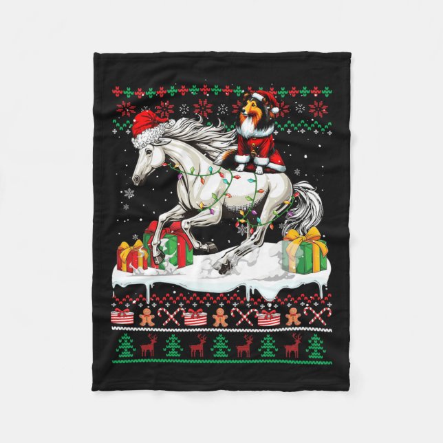 Santa Sheltie Riding Horse Christmas Sweater Lover Fleece Blanket (Front)