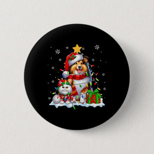 Santa Sheltie With Elf Cat Christmas Lights Owner Button