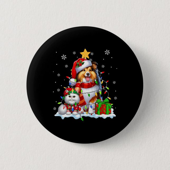 Santa Sheltie With Elf Cat Christmas Lights Owner  Button (Front)