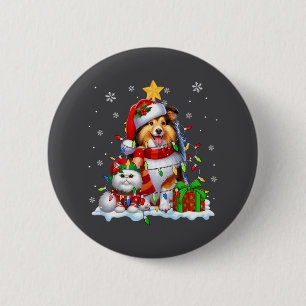 Santa Sheltie With Elf Cat Christmas Lights Owner Button