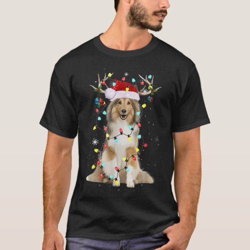 Santa Shetland Sheepdog Reindeer Light Christmas T_Shirt