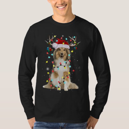 Santa Shetland Sheepdog Reindeer Light Christmas T_Shirt