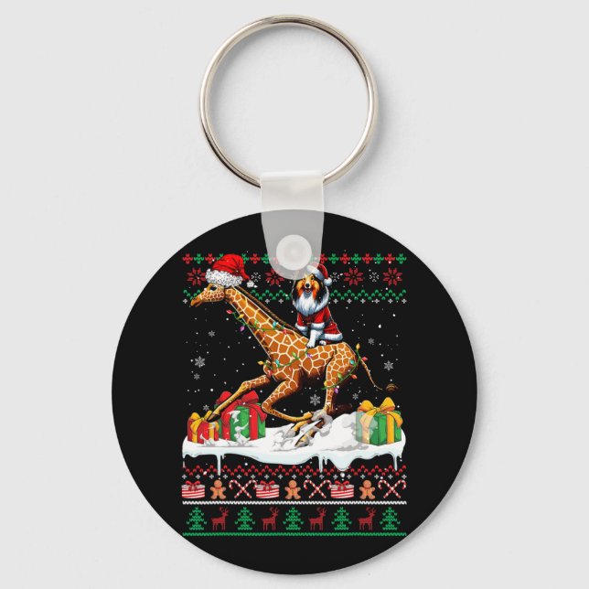 Santa Shetland Sheepdog Riding Giraffe Christmas S Keychain (Front)
