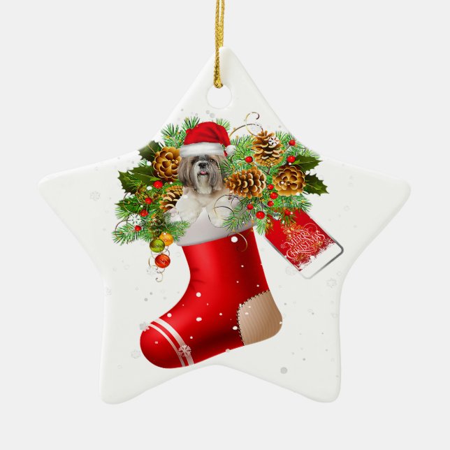 Santa Shih Tzu In Christmas Sock | X-mas Gift Ceramic Ornament (Front)