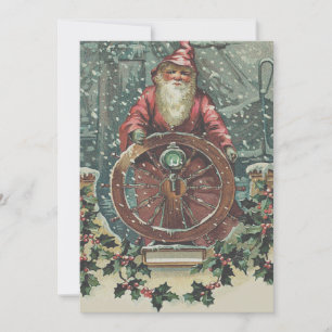 Santa Ship Boat Snow Storm Holly Holiday Card