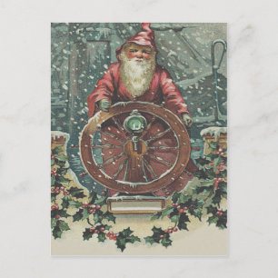 Santa Ship Boat Snow Storm Holly Holiday Postcard
