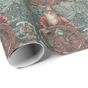 Santa Ship Boat Snow Storm Holly Nautical Wrapping Paper by kinhinputainwelte at Zazzle