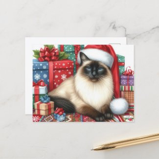 Santa Siamese Cat Christmas Holiday  Postcard