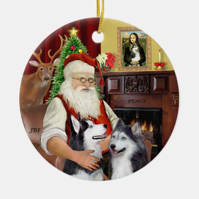 Santa - Siberian Huskies (TWO) Ceramic Ornament (Front)