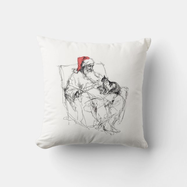 Santa Sitting with Cat on Lap Throw Pillow (Front)