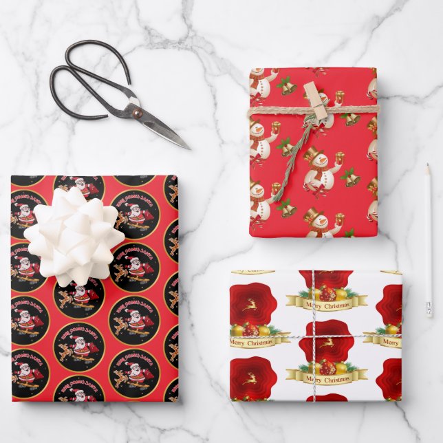 SANTA SKATEBOARD PANDA SNOWMAN MERRY CHRISTMAS WRAPPING PAPER SHEETS (Front)