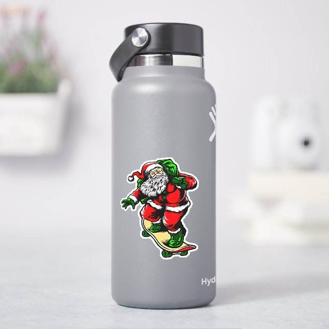 Santa Skateboard Red Green  4" Kiss Cut Vinyl Sticker (HydroFlask)