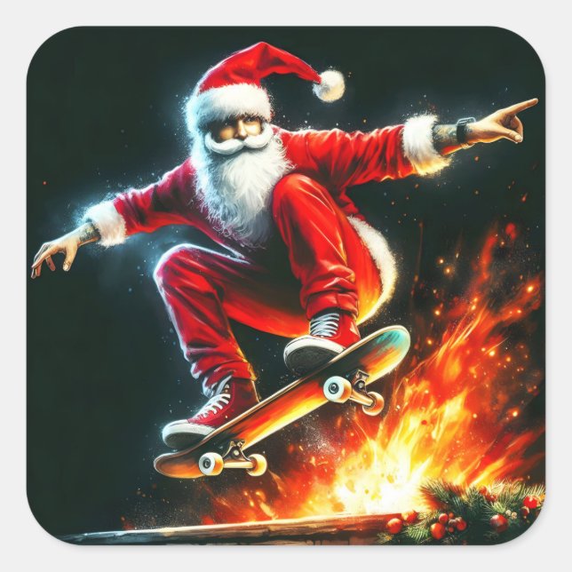 Santa Skateboards Over Night Fire Square Sticker (Front)