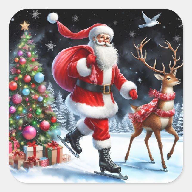 Santa Skating With a Reindeer by Tree Square Sticker (Front)