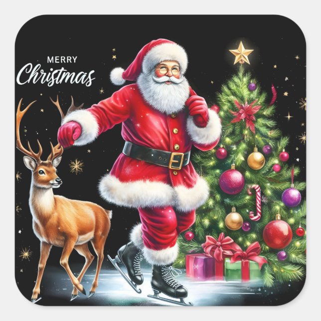 Santa Skating With Reindeer by Tree Square Sticker (Front)