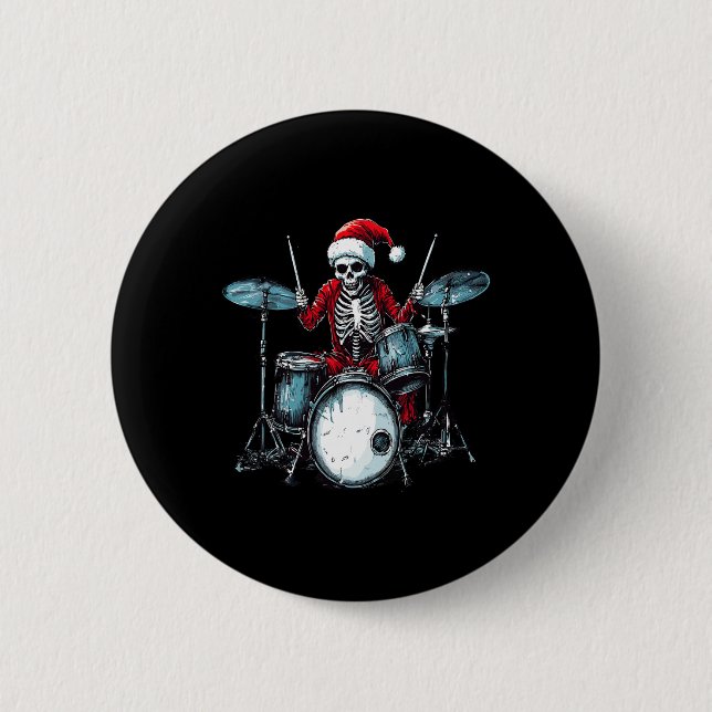 Santa Skeleton Playing Drum Drummer Percussionist  Button (Front)