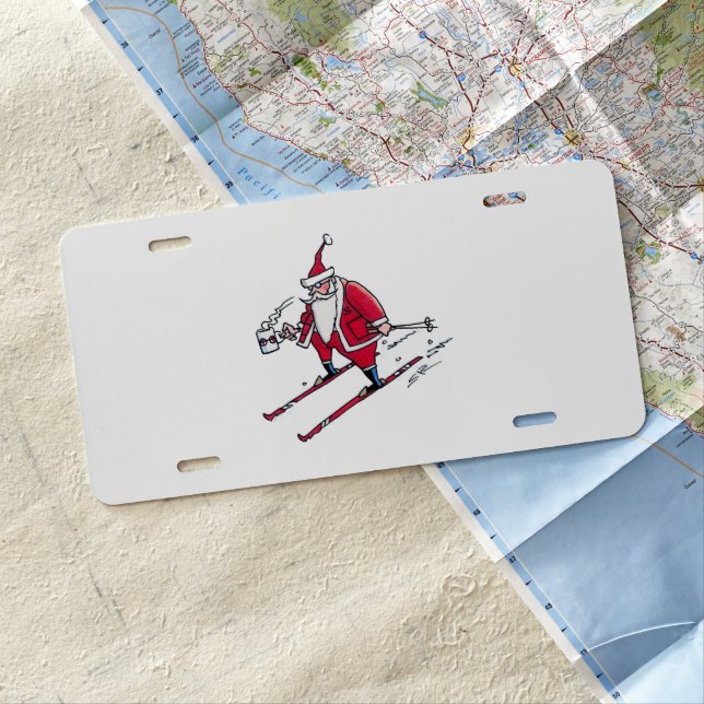 Santa Skiing aluminum car license plate (In Situ)