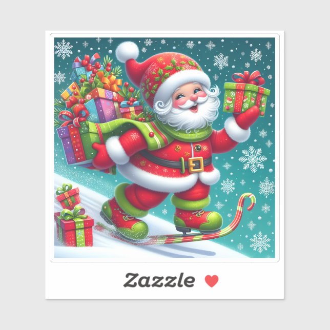 Santa Skiing and Delivering Gifts Sticker (Sheet)