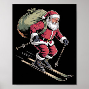 Santa Skiing Down Snowy Slopes  Poster