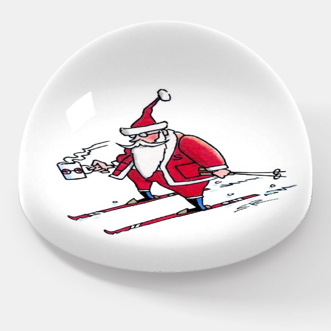 Santa Skiing glass dome paperweight (Angled)